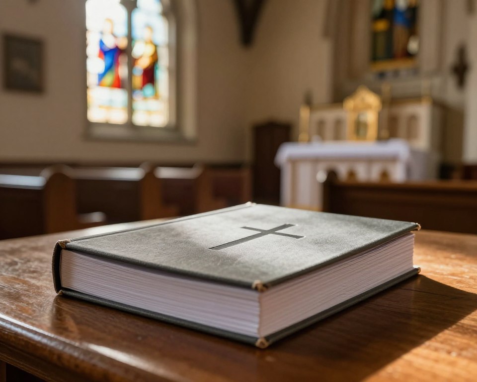 A beautifully arranged Presbyterian Church Directory located on a wooden table, with an inviting and warm atmosphere. In the foreground, a stack of directories is neatly placed, showcasing the textured cover that features a subtle cross emblem. The middle ground includes a soft-focus image of a stained glass window of a local church, casting colorful light onto the scene. In the background, a welcoming church interior is visible, with rows of pews and a softly illuminated altar, creating a peaceful ambiance. The lighting is warm and inviting, reminiscent of a sunny afternoon, evoking a sense of community and belonging. The scene is captured with a shallow depth of field, enhancing the focus on the directory while softening the background.