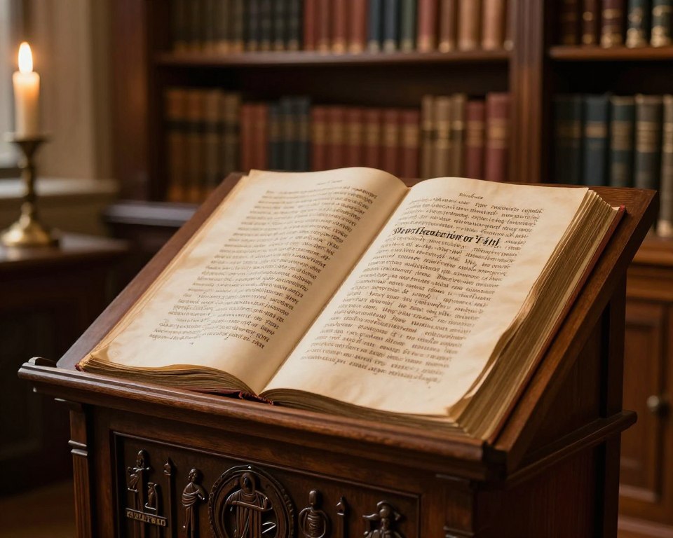A beautifully illustrated depiction of the Westminster Confession of Faith, prominently displayed on an ornate wooden lectern. In the foreground, the lectern features intricate carvings of religious symbols. The middle ground showcases an open, aged manuscript with elegant calligraphy, the pages gently illuminated by warm candlelight. Soft shadows dance across the parchment, enhancing its historical significance. In the background, a softly blurred, classic library setting is filled with richly textured bookshelves and period furnishings, evoking an atmosphere of theological contemplation. The lighting is warm and inviting, casting a golden hue throughout the scene. The overall mood is reverent and scholarly, inviting viewers to engage with the profound theological discussions that shaped the Presbyterian Church.