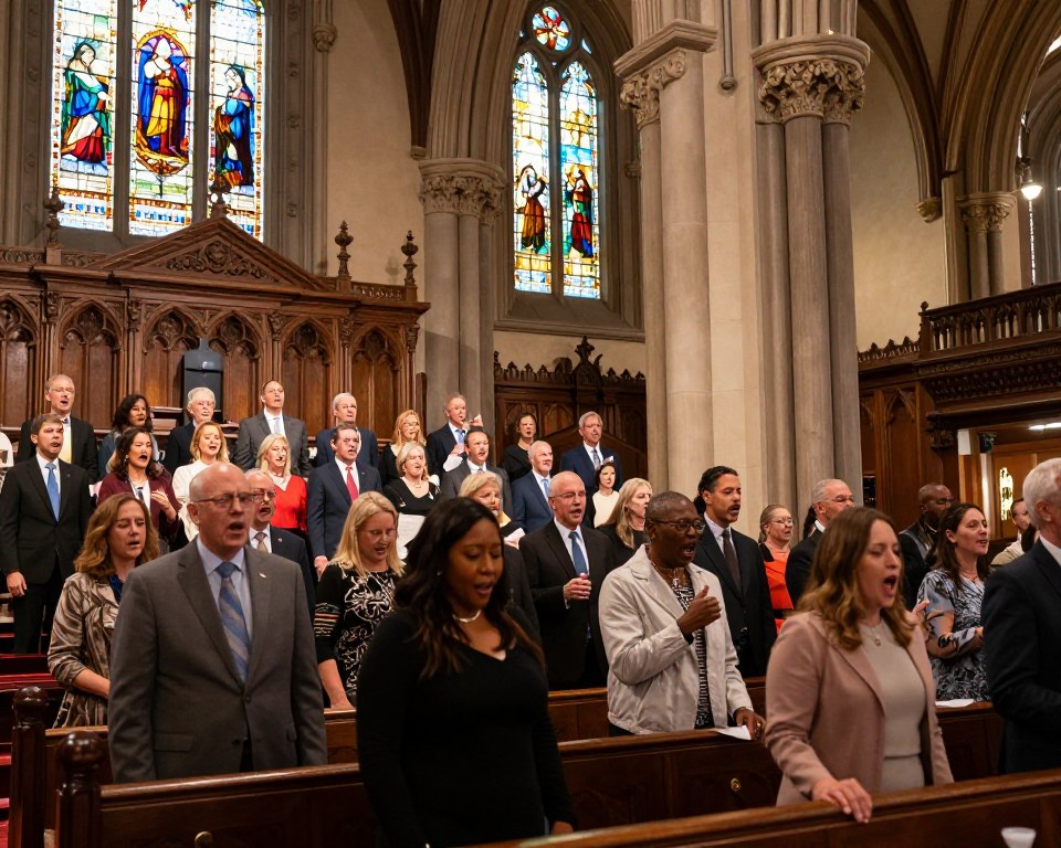 A beautifully lit interior of the historic 4th Presbyterian Church in Chicago, depicting a vibrant worship service. In the foreground, a diverse group of worshippers in professional business attire and modest casual clothing, engaged in heartfelt singing and music, with a choir performance in the center. The middle ground showcases the ornate architecture of the church, with stained glass windows filtering warm sunlight, creating a colorful glow. In the background, tall wooden columns and intricate carvings enhance the sacred atmosphere. Soft, warm lighting casts a serene ambiance, while capturing the essence of community and inspiration. The angle is slightly elevated, emphasizing both the congregation’s emotional connection and the grandeur of the church’s interior.