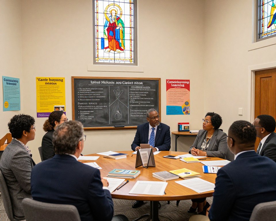 A bright and welcoming interior of a United Methodist Church in Virginia Beach, showcasing an educational program setting. In the foreground, a group of diverse individuals, dressed in professional business attire, engage in a lively discussion, with a table filled with books and educational materials. In the middle, a large chalkboard displays key concepts and lesson plans, surrounded by colorful posters that promote community learning. The background features stained glass windows that let in warm sunlight, enhancing the atmosphere. The lighting is soft and inviting, creating a mood of inspiration and collaboration. The angle is slightly elevated, providing a comprehensive view of the space and the participants, emphasizing a sense of community and learning.