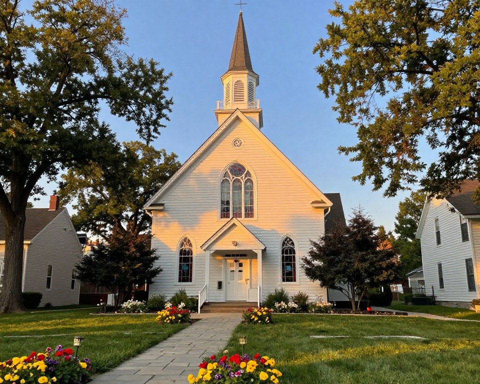 A charming Presbyterian church nestled in a peaceful Chicago neighborhood, showcasing classic architectural details like a steeply pitched roof, stained glass windows, and a welcoming front entrance. In the foreground, a well-kept lawn with vibrant flowers and a stone pathway leads to the church, inviting visitors. The middle ground features the church’s main building, adorned with a small steeple and surrounded by lush trees that sway gently in the breeze. In the background, a clear blue sky adds depth and openness, symbolizing hope and tranquility. The scene is bathed in warm, soft lighting as the sun sets, casting golden hues that create a serene atmosphere. The image evokes a sense of community, tradition, and a place of worship.