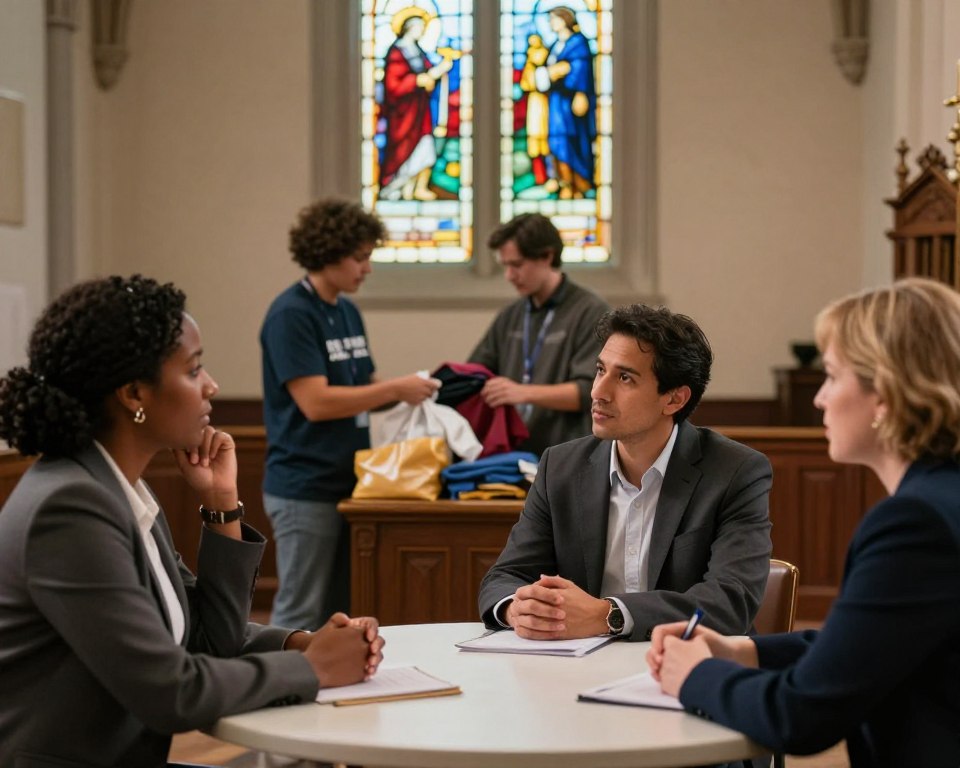 A contemplative scene depicting a diverse group of people engaged in a community discussion about social justice within a church setting. In the foreground, three individuals in professional business attire—one Black woman, one Hispanic man, and one Caucasian woman—are seated at a round table, sharing ideas and listening attentively. In the middle ground, a volunteer is helping distribute resources like food and clothing to those in need, showcasing community support and compassion. The background features stained glass windows with vibrant colors symbolizing hope and justice. Soft, warm lighting creates an inviting atmosphere, emphasizing the solemn yet hopeful mood of the gathering. The angle is slightly elevated, capturing both the interaction and the spiritual setting, inspiring a sense of unity and purpose.