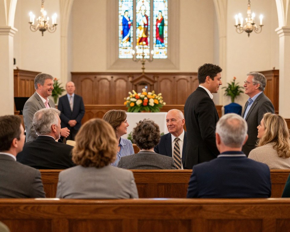 A cozy and inviting scene depicting the interior of Trinity Presbyterian Church, focusing on an adult ministry gathering. In the foreground, a diverse group of adults in professional business attire and modest casual clothing are engaged in conversation and fellowship, smiling and interacting warmly. The middle ground features a beautifully decorated event space with wooden pews, soft lighting emanating from elegant chandeliers, and a vibrant floral arrangement on a central table. In the background, the church’s stained glass windows cast colorful light, creating a serene atmosphere. The image captures a sense of community and spirituality, with a warm color palette and soft focus to evoke a welcoming feeling. Use a lens that highlights depth of field, enhancing the warmth and intimacy of the gathering while maintaining clarity in details.