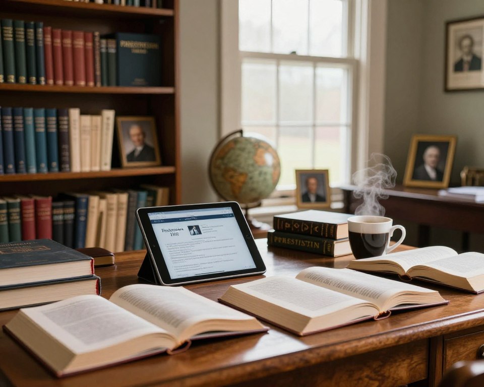 A cozy, inviting study room filled with educational resources on Presbyterian theology, particularly focusing on the concept of predestination. In the foreground, a large oak desk is cluttered with open books, a tablet displaying digital resources, and a steaming cup of coffee. The middle ground features a tall bookshelf filled with theological texts, some prominently about predestination, with a small globe and framed photographs of historical Presbyterian figures. In the background, a window allows gentle, warm natural light to illuminate the room, casting soft shadows. The atmosphere feels intellectual and serene, encouraging contemplation and study. The composition should have a slight tilt, creating a dynamic angle that draws the viewer's eye towards the desk and books.