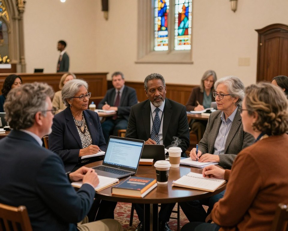 A cozy scene inside a PCUSA church featuring a group of diverse adults engaged in a lively educational discussion. In the foreground, a small round table with books, a laptop, and steaming cups of coffee, inviting a sense of community. In the middle, the adults, dressed in professional business attire and modest casual clothing, are animatedly sharing ideas and taking notes, showcasing a spirit of learning. The background reveals a beautifully designed church interior with stained glass windows, soft warm lighting filtering through, illuminating the space and creating an inviting atmosphere. The angle is slightly elevated, providing a clear view of the interaction, capturing the essence of opportunities for adult education within the church community.