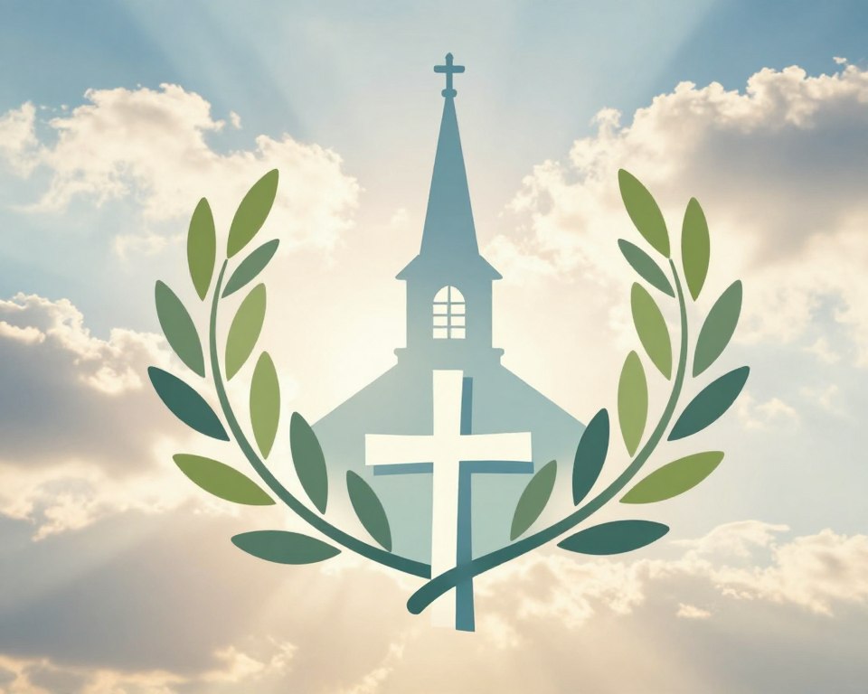 A creative church logo design that embodies the spirit of a Presbyterian congregation. In the foreground, place a stylized, modern cross symbol intertwined with olive branches, representing peace and community. The middle layer features a subtle silhouette of a traditional church steeple, giving a sense of heritage and rootedness. In the background, include soft, flowing clouds and gentle rays of sunlight breaking through, creating a serene and uplifting atmosphere. Use warm color hues like soft blues and greens to evoke a feeling of hope and harmony. The lighting should be bright and inviting, emphasizing the logo's design elements. Capture the image from a slightly elevated angle, focusing on the logo's intricacies while maintaining clarity and balance in composition. The mood should be inspirational, reflecting unity, faith, and a welcoming spirit.