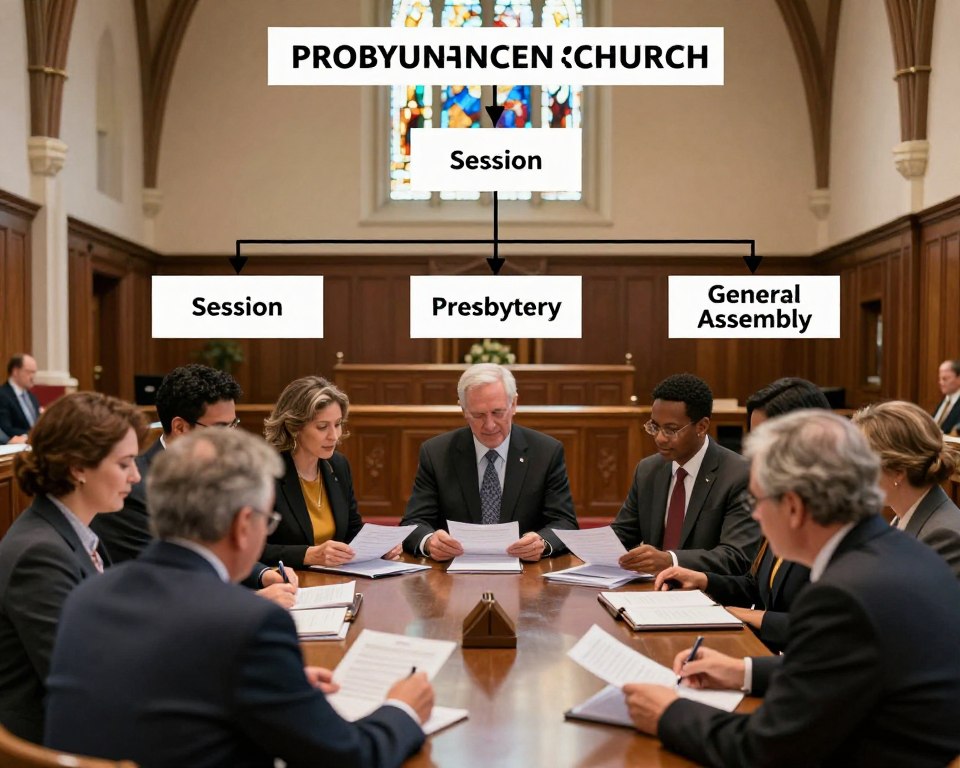 A detailed illustration of the Presbyterian Church governance structure, showcasing a hierarchical flowchart. In the foreground, depict a diverse group of individuals dressed in professional business attire, discussing and reviewing documents around a large table. In the middle ground, include labeled sections for "Session," "Presbytery," and "General Assembly," connected by arrows to indicate the flow of governance and decision-making. The background should feature a tasteful church interior, with stained glass windows filtering soft, warm light into the room, creating an inviting atmosphere. The perspective is slightly elevated to give a comprehensive view of the discussions and the governance structure. The overall mood is collaborative and respectful, emphasizing unity and structure within the church community.
