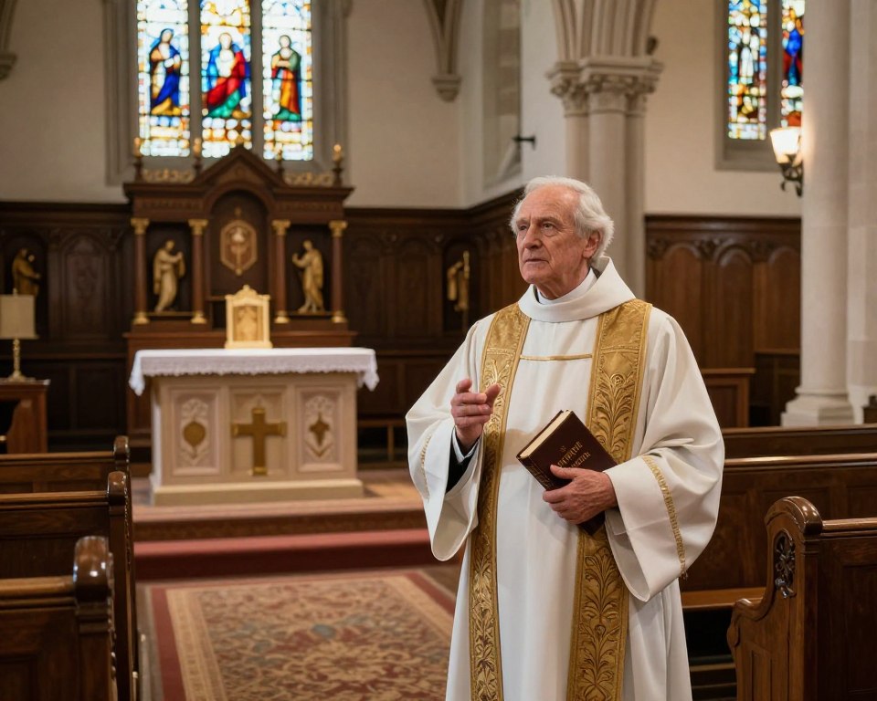 A distinguished Presbyterian church founder, standing confidently in a well-maintained, traditional church interior. In the foreground, the founder, an older man with a thoughtful expression, is dressed in a classic 17th-century clerical robe, holding a Bible in one hand while gesturing with the other, conveying a sense of leadership and wisdom. In the middle ground, ornate wooden pews and a beautifully carved altar adorned with religious symbols celebrate the church's historic architecture. The background features stained glass windows casting colorful light patterns across the scene, enhancing the atmosphere of reverence and spirituality. Soft, warm lighting illuminates the entire space, creating an inviting and respectful ambiance, evoking a sense of tradition and faith in the Presbyterian community. The scene is composed from a slightly elevated angle to emphasize both the subject and the stunning interior.