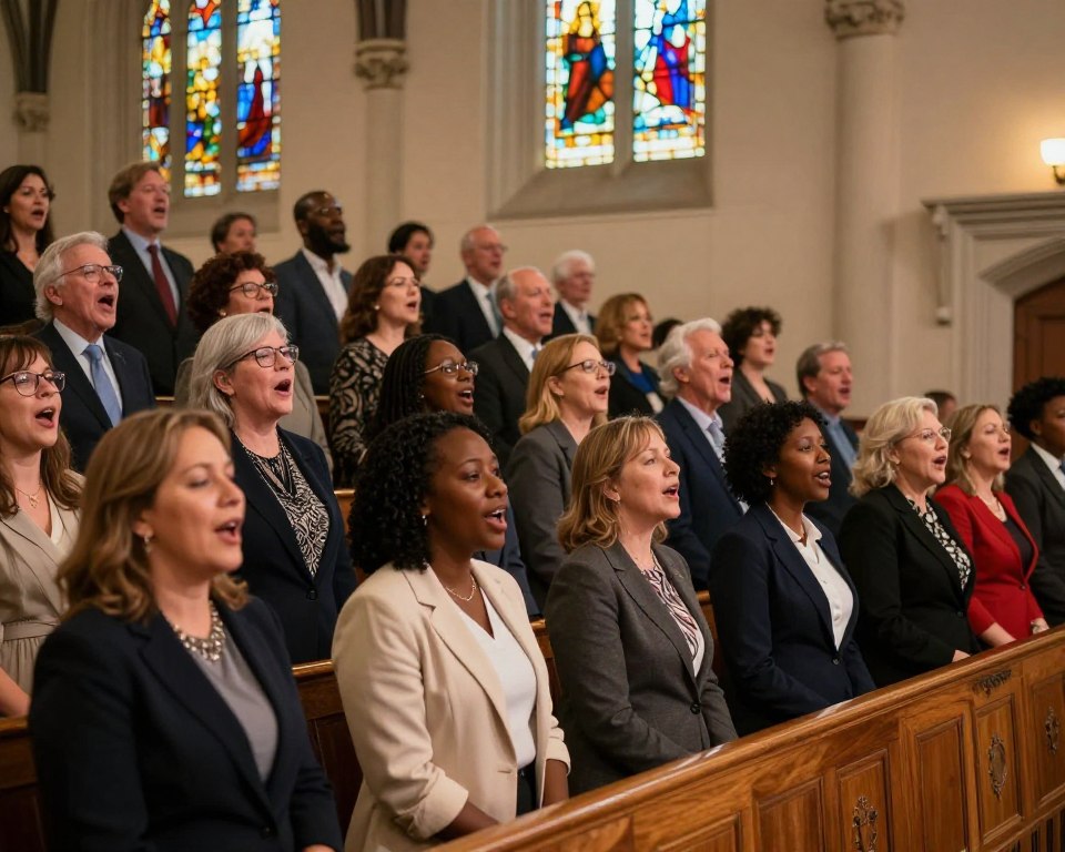 A diverse choir performing in a warm, inviting church setting during worship. In the foreground, focus on a group of singers of various backgrounds, dressed in professional business attire, passionately engaging with their music. Their expressions convey joy and reverence. In the middle ground, rows of wooden pews are filled with attentive congregants, some singing along. The backdrop features beautiful stained glass windows that let in soft, colorful light, creating an uplifting atmosphere. The lighting should enhance the emotional resonance of the scene, highlighting the choir while casting gentle shadows. Capture the image from a slightly elevated angle, giving a sense of connection and spirituality. The overall mood is harmonious, inspiring, and reflective of a community coming together through music.