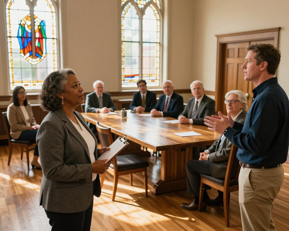 A diverse group of Presbyterian church leaders gathered in a beautifully furnished meeting room of Savannah Presbyterian Church. In the foreground, a middle-aged African American woman in a professional blazer stands confidently, holding a clipboard, while a Caucasian man in smart casual attire gestures expressively as he speaks. In the background, large stained glass windows allow warm sunlight to filter in, illuminating the room and casting colorful patterns on the wooden floor. The middle ground features a large oak table surrounded by engaged leaders, all reflecting thoughtful expressions. The atmosphere is warm and inviting, suggesting collaboration and leadership within the faith community. The perspective is slightly elevated to capture the entire scene, with soft lighting enhancing the serene and respectful mood.
