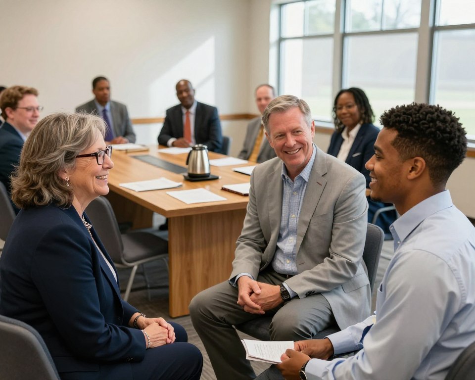 A diverse group of Presbyterian church leaders in Greenville, SC, gathered in a well-lit, modern church meeting room. In the foreground, three leaders—a woman with glasses in a navy blazer, a middle-aged man in a light grey suit, and a young man in a smart-casual shirt—are engaged in discussion, smiling and looking at each other. Their expressions convey warmth and collaboration. In the middle background, a large wooden table is adorned with a Bible, papers, and a coffee pot, emphasizing a welcoming atmosphere. Soft, natural light filters in through large windows, casting gentle shadows that enhance the ambiance. The overall mood is friendly, focused, and professional, reflecting effective church governance and leadership within the community.