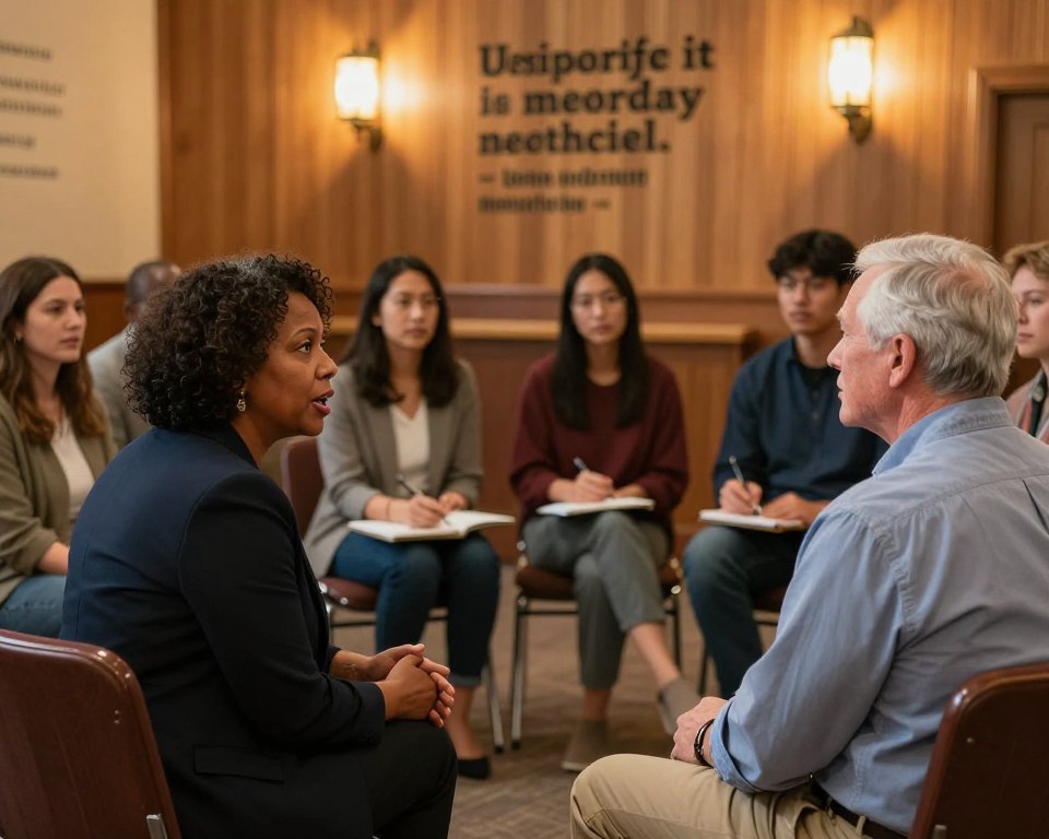 A diverse group of United Methodist Church members gathered in a cozy church community hall, sitting in a circle to discuss important topics. In the foreground, a middle-aged Black woman in professional business attire is leaning forward, expressively sharing her thoughts, while an older white man in a modest casual shirt listens intently. In the middle, a Hispanic woman and a young Asian man take notes, highlighting the collaborative spirit. The background features warm wooden walls adorned with inspiring quotes, soft lighting from overhead lanterns casts a welcoming glow, enhancing the intimate atmosphere. The overall mood reflects a sense of community and the challenges that arise in navigating faith and membership in a changing world, emphasizing the themes of support, dialogue, and understanding within the church.
