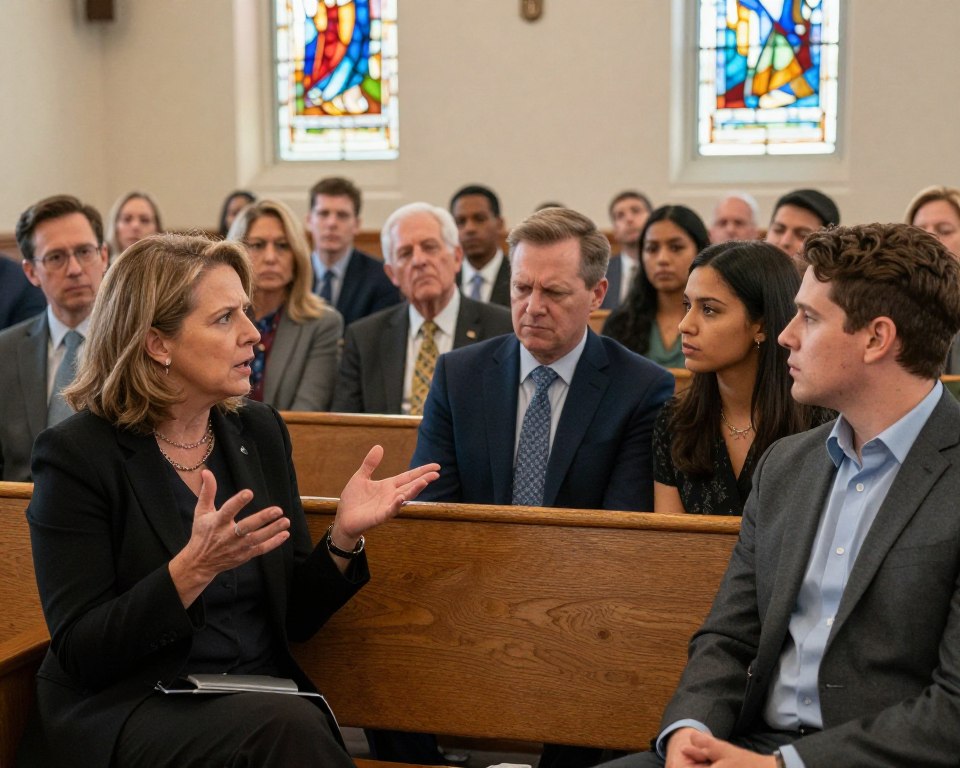 A diverse group of adults in professional business attire engaged in a passionate debate inside a United Methodist Church setting. In the foreground, a middle-aged woman gestures expressively, her face reflecting determination, while a middle-aged man listens intently, furrowing his brow. Beside them, a young couple exchanges supportive glances, symbolizing the deeper emotional stakes of the discussion. In the middle, wooden pews filled with a varied audience showcase the mix of opinions, their facial expressions ranging from concern to hope. The background features stained glass windows casting colorful light onto the scene, enhancing the somber yet hopeful atmosphere. Use soft, natural lighting to create an intimate feel, focusing on capturing the emotions of this ongoing debate.