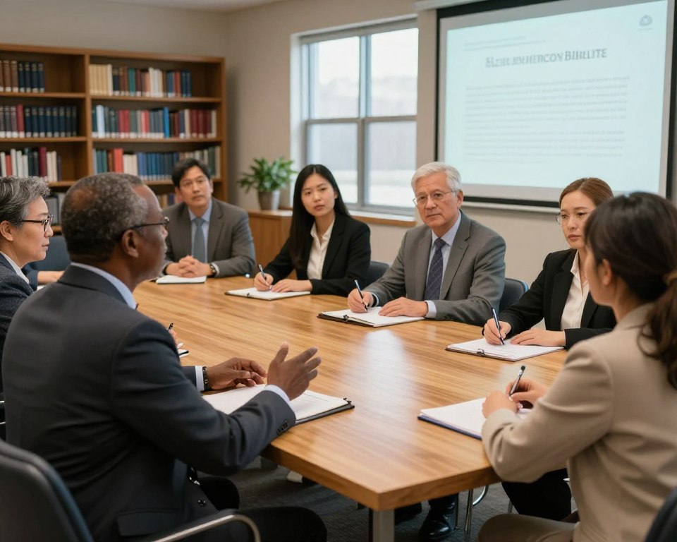 A diverse group of church leaders engaged in a training session, seated around a large wooden table in a well-lit, welcoming church meeting room. In the foreground, a middle-aged African American man in a suit leads the discussion, gesturing towards a projector screen displaying a presentation on elder responsibilities. The middle ground features attentive participants, including a young Asian woman and an older Caucasian man, taking notes and sharing ideas, all dressed in professional business attire. The background reveals bookshelves filled with theological texts, large windows allowing soft, natural light to illuminate the scene, creating an atmosphere of collaboration and growth. The image captures a sense of community and commitment to spiritual leadership development.