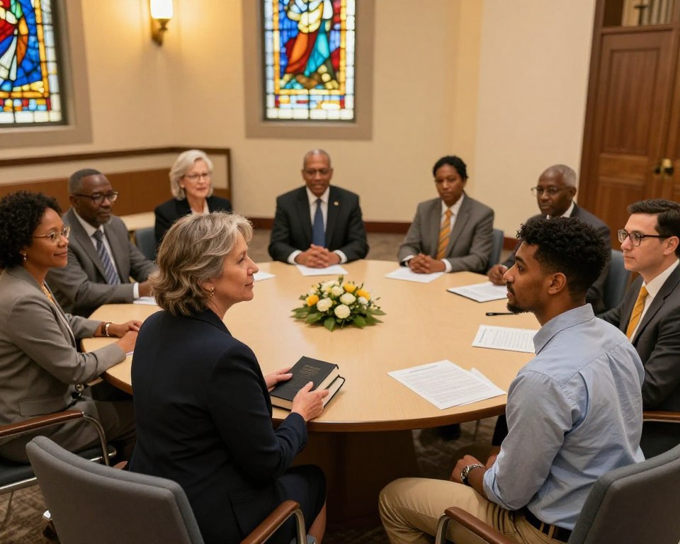 A diverse group of church leadership members gathered in a modern church setting. In the foreground, a middle-aged woman in professional business attire holding a Bible, stands confidently beside a young man in smart casual clothing, engaged in discussion. The middle ground features a group of leaders of various ages and ethnicities, including men and women, seated around a circular table, collaborating and sharing ideas. The background shows a beautifully designed sanctuary with stained glass windows, soft golden lighting filtering in, creating a warm and inviting atmosphere. The angle captures everyone from slightly elevated, as if looking down on the meaningful interaction, emphasizing unity and collaboration among the church staff.