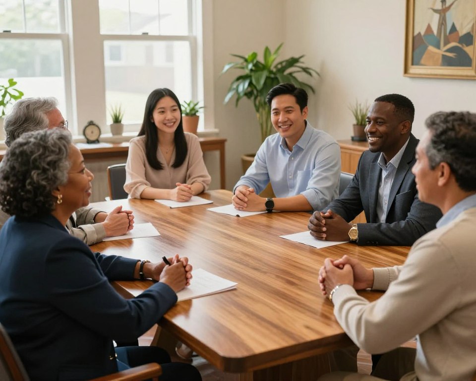 A diverse group of five church leaders gathered around a polished wooden conference table in a warm, inviting meeting room. The foreground features a middle-aged Black woman in a navy blazer, an older White man in a beige sweater, a young Asian woman in a blouse, a Hispanic man in a light shirt, and a middle-aged Black man in a smart casual outfit. Each person is engaged in a lively discussion, displaying collaboration and unity. In the background, large windows allow natural light to pour in, illuminating the space filled with potted plants and church-related decor. The mood is friendly and purposeful, with soft lighting enhancing a sense of community and leadership. Shot from a slightly elevated angle, the composition allows a view of both the leaders and the inviting atmosphere around them.