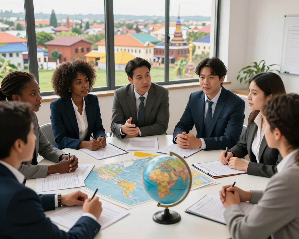 A diverse group of individuals engaged in a collaborative meeting, showcasing representatives from various countries, dressed in professional business attire, discussing global partnerships. In the foreground, a round table with maps, documents, and a globe, symbolizing unity and collaboration. In the middle, participants of different ethnic backgrounds, including a Black woman, an Asian man, and a Hispanic woman, actively sharing ideas, with expressions of enthusiasm and determination. In the background, a window revealing a vibrant landscape that represents different cultures, with buildings and nature blending together. Soft, natural lighting streams through the window, creating an inviting and warm atmosphere, emphasizing the spirit of global teamwork and shared mission. The angle is slightly elevated, capturing the dynamic interaction and sense of purpose among the group.