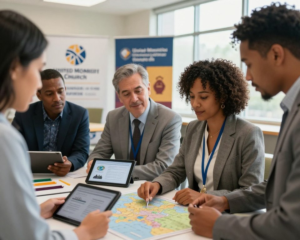 A diverse group of individuals engaged in collaboration, showcasing support for global ministries. In the foreground, three engaged volunteers of various ethnicities, dressed in professional attire, are gathered around a table with maps and digital tablets, discussing global outreach programs. The mid-ground features partially visible banners and artifacts representing different cultures, symbolizing the global reach of the United Methodist Church. In the background, soft natural light pours in through large windows, illuminating the space with a warm glow, creating a welcoming and inspiring atmosphere. The composition should evoke a sense of teamwork, dedication, and hope, capturing the essence of community support for global ministries. Use a close-up angle to emphasize the participants’ expressions and interactions, ensuring a professional yet inviting feel.
