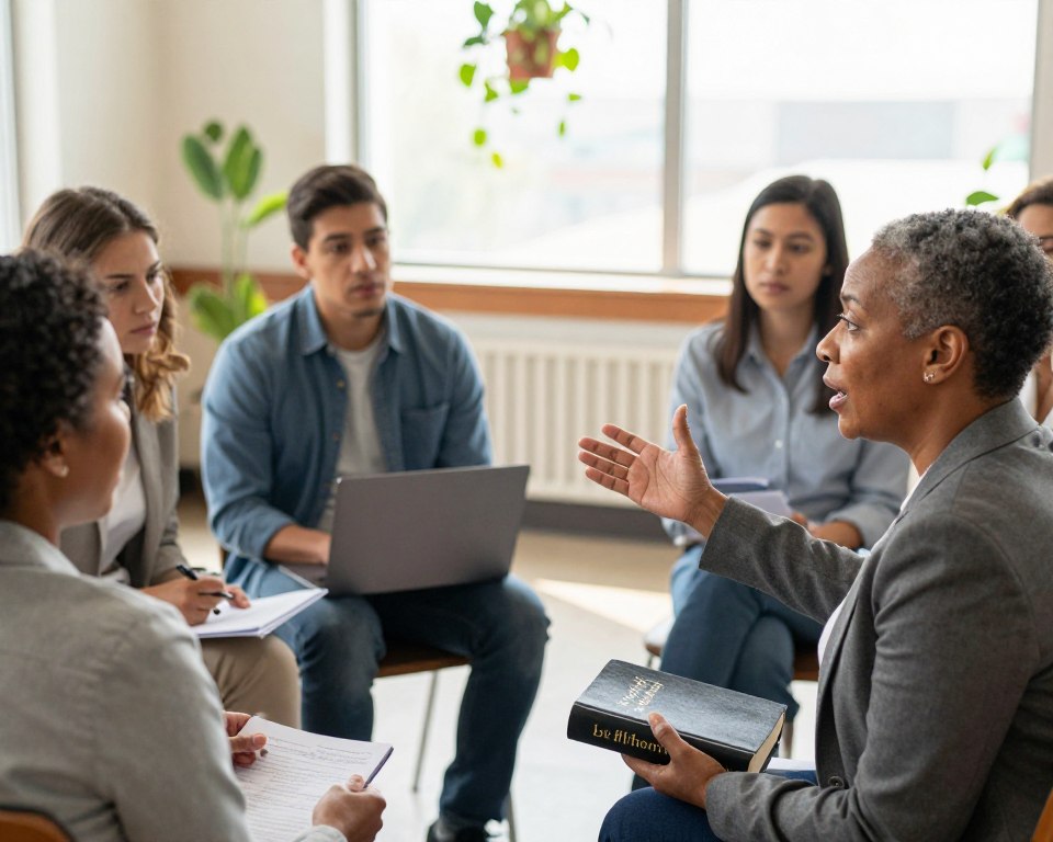 A diverse group of individuals gathered in a sunlit community center, actively discussing and engaging in social justice initiatives related to the Methodist faith. In the foreground, a middle-aged Black woman in professional business attire gestures passionately while holding a Bible, symbolizing the connection between scripture and social action. In the middle ground, a Hispanic man with a laptop and a young White woman with notes collaborate, illustrating teamwork in advocacy. The background showcases a bright window with hanging plants, creating a warm and inviting atmosphere. Soft, natural lighting filters through, enhancing a sense of hope and unity. Capture the emotional expression of determination and compassion that embodies the Methodist tradition of social justice. Use a shallow depth of field to keep the focus on the interacting figures, giving a clear view of their engaged faces and body language.