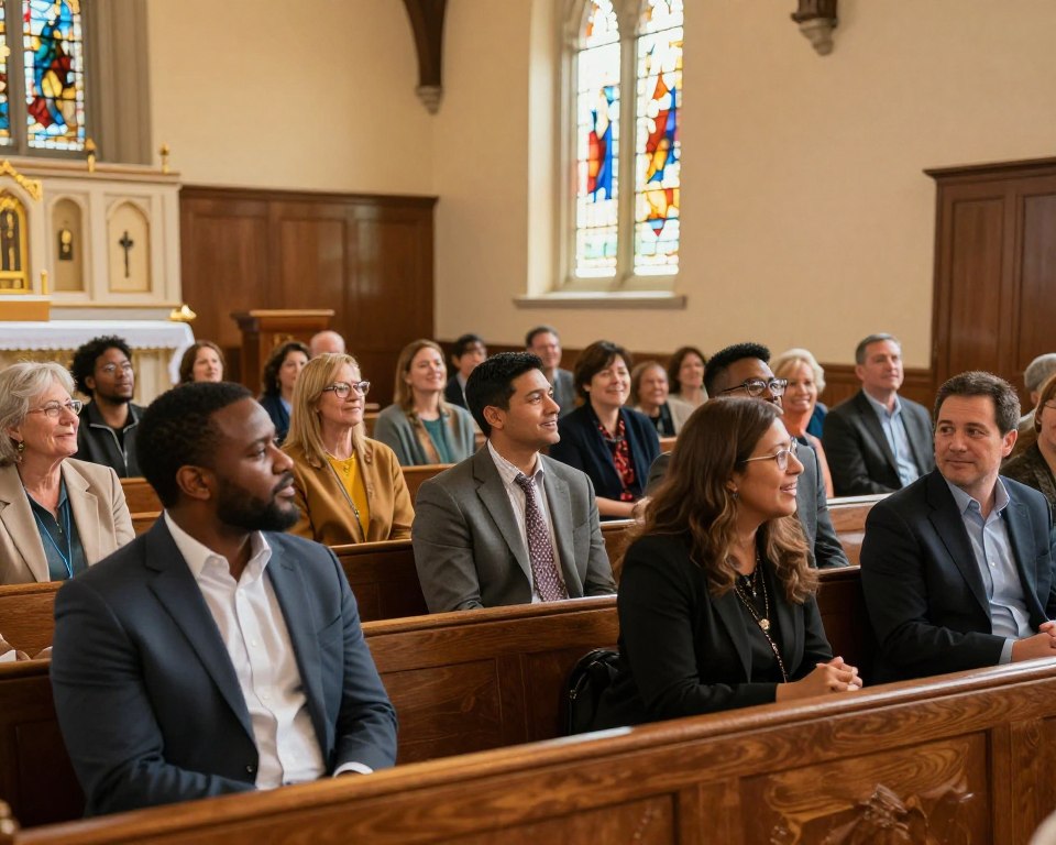 A diverse group of individuals gathered in a warm, inviting Presbyterian church interior, showcasing a vibrant congregation. In the foreground, men and women of various ethnicities, including Black, Asian, Hispanic, and Caucasian, are engaging in thoughtful conversation, wearing professional business attire and modest casual clothing. In the middle ground, pews filled with smiling faces reflect a sense of community and inclusion, illuminated by soft, golden light streaming through stained glass windows. The background features a beautifully decorated altar with symbolic elements, and the architecture conveys a sense of tradition and openness. The overall atmosphere is welcoming and harmonious, embodying the spirit of unity and acceptance within the congregation. The angle captures the warmth of the gathering, fostering a feeling of belonging and togetherness.