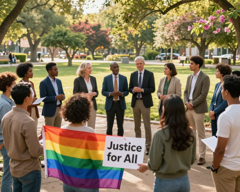 A diverse group of individuals, including men and women of various ethnic backgrounds, standing together in a serene park setting, actively engaged in discussions about social justice themes. In the foreground, a couple of people hold a rainbow flag and a "Justice for All" sign, symbolizing inclusion and equality, while others listen attentively. In the middle, various community leaders, dressed in professional business attire, are exchanging ideas and collaborating on initiatives. The background features elements of nature, such as trees and blooming flowers, suggesting hope and growth. Soft sunlight filters through the leaves, casting a warm, inviting glow over the scene, creating an atmosphere of camaraderie and purpose, captured from a slightly elevated angle to encompass the gathering’s inclusive spirit.