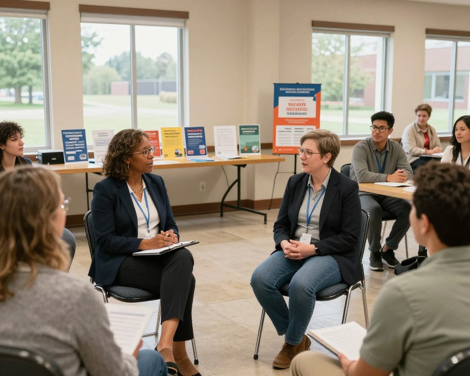 A diverse group of people gathered in a warm, welcoming community center, engaged in a lively discussion about social issues. In the foreground, a middle-aged woman in professional business attire passionately shares her thoughts while holding a notepad. Beside her, a young man in modest casual clothing listens intently, nodding in agreement. In the middle ground, various tables are set up with informational brochures and engaging posters about community outreach initiatives. The background features large windows allowing soft, natural light to fill the space, creating an inviting atmosphere. The mood is positive and hopeful, emphasizing unity and compassion within the Presbyterian Evangelical Church. The setting is well-organized, encouraging open dialogue, with greenery visible outside, symbolizing growth and outreach.