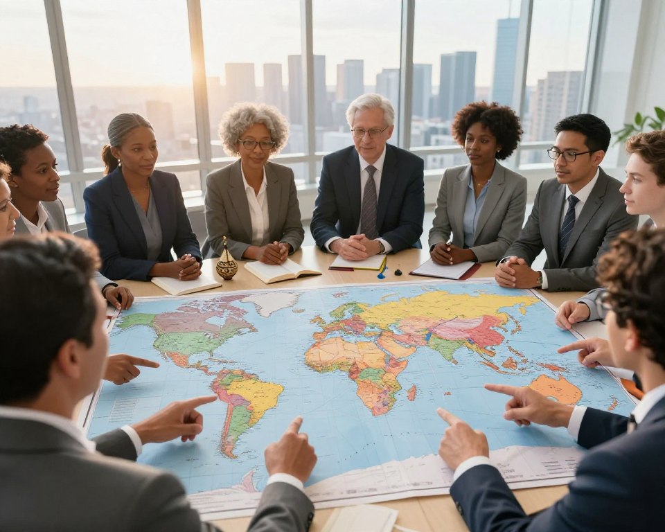 A diverse group of professionally dressed individuals from various cultural backgrounds, engaged in a thoughtful discussion around a large world map displaying interconnected countries and regions, symbolizing global perspectives on social principles. The foreground shows hands pointing to different areas on the map, emphasizing cooperation and unity. In the middle, a mix of traditional and modern elements representing different cultures, such as artifacts, flags, and books, create an enriching context. The background features a soft-focus window revealing a global city skyline under a bright, hopeful sky, with warm sunlight illuminating the scene. The atmosphere is collaborative and optimistic, reflecting the United Methodist Church's commitment to inclusivity and global outreach. Shot from a slightly elevated angle to capture the full engagement of the participants.