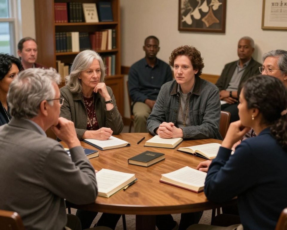 A diverse group of several individuals engaged in profound ecumenical dialogue, representing various Christian denominations such as Presbyterian, Methodist, Catholic, and Baptist. In the foreground, two people of different ethnic backgrounds are seated across a round wooden table, surrounded by Bible texts and notes, their expressions thoughtful and respectful. In the middle, other participants are listening attentively, their faces reflecting curiosity and openness. Soft, warm lighting illuminates the scene, creating an inviting atmosphere. In the background, shelves filled with religious texts and symbols of various denominations subtly enhance the setting without overwhelming it. The overall mood is one of unity and collaboration, emphasizing shared beliefs and respect for differing perspectives on the Bible.