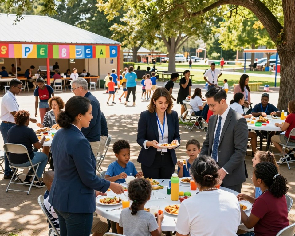 A dynamic scene showcasing PCA mission work, featuring a diverse group of individuals engaged in community outreach activities. In the foreground, volunteers of various ethnic backgrounds, dressed in professional business attire or modest casual clothing, are interacting warmly with local families over a community meal. The middle ground highlights a vibrant community center adorned with colorful banners, where workshops and group activities are taking place. In the background, a sunny park setting with trees and children playing adds a lively atmosphere. The lighting is bright and inviting, casting soft shadows that enhance the warmth of the scene. Use a wide-angle lens to capture a panoramic view, emphasizing the sense of community and togetherness, creating a positive, uplifting mood that illustrates the spirit of outreach and fellowship.