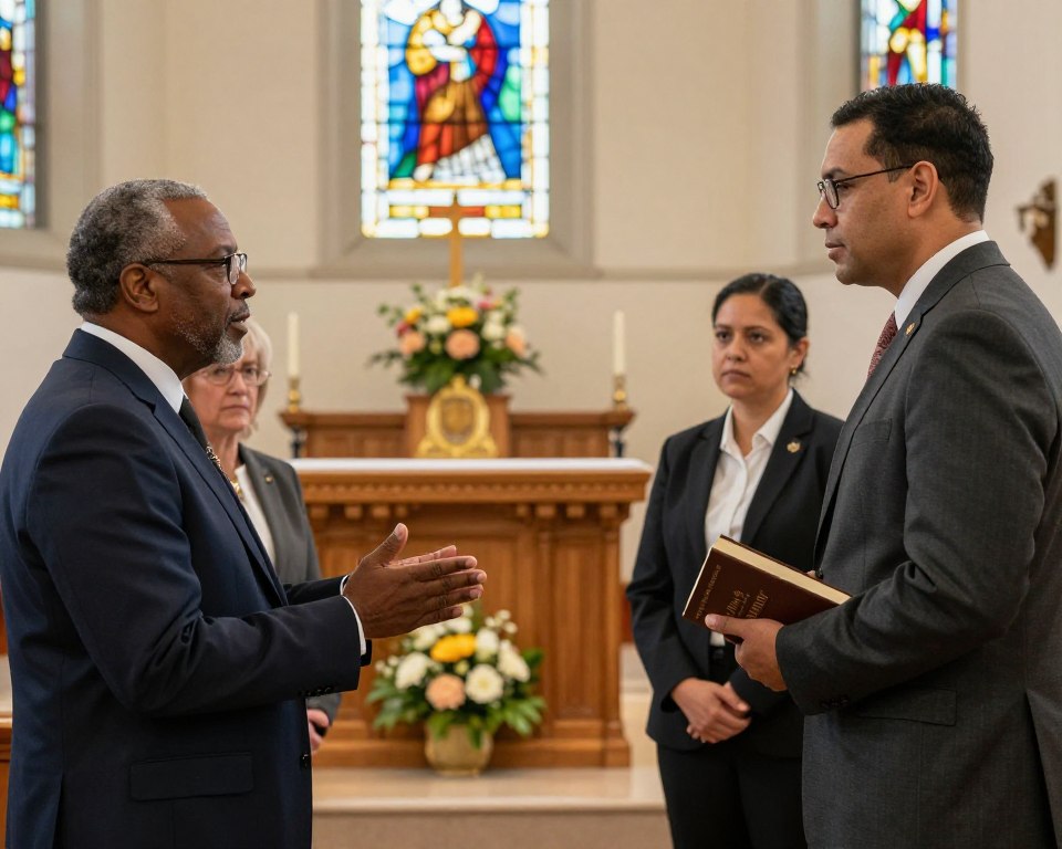 A gathering of United Methodist bishops in a serene church setting, showcasing three bishops engaged in a thoughtful discussion. In the foreground, depict a middle-aged African American bishop in a formal clerical suit, gesturing expressively, alongside a Caucasian female bishop in professional attire, listening attentively. The third bishop, of Hispanic descent, stands nearby, holding a Bible, reflective and focused. In the middle ground, a warm wooden altar adorned with flowers symbolizes community and faith. The background features stained-glass windows casting colorful light across the scene, enhancing the spiritual atmosphere. Use soft, natural lighting to create a prayerful mood, captured from an eye-level angle to convey a sense of intimacy and connection amongst the bishops, illustrating their leadership role in guiding local congregations.