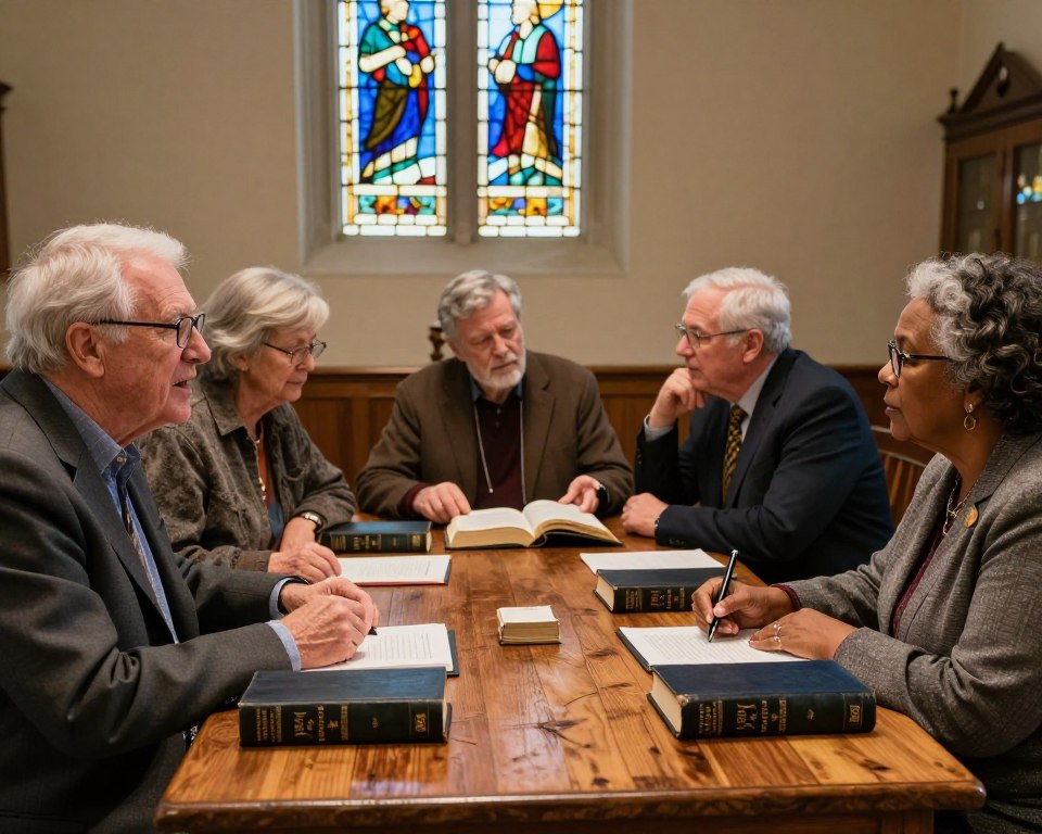 A group of five ruling elders in a Presbyterian Church setting, diverse in ethnicity and age, are gathered around a rustic wooden table laden with Bibles and church documents. In the foreground, an older man with glasses speaks passionately, while a middle-aged woman listens intently, taking notes. The middle ground shows two younger elders engaged in a thoughtful discussion, one gesturing with an open Bible. In the background, stained glass windows bathe the scene in warm, colorful light, enhancing the atmosphere of wisdom and contemplation. The lighting is soft yet vibrant, captured with a slightly wide-angle lens to incorporate the details of the room. The mood is respectful and serious, reflecting the gravitas of the elders' responsibilities as spiritual leaders.