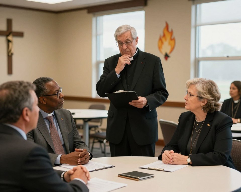 A group of three United Methodist Church bishops engaged in a thoughtful discussion during a conference. In the foreground, two bishops, one African American male and one Caucasian female, are seated at a round table, dressed in professional business attire with clerical collars, demonstrating deep engagement with each other. In the middle background, another bishop, an elderly Hispanic man, stands thoughtfully, holding a clipboard, symbolizing guidance and leadership. The setting is a warmly lit conference room adorned with United Methodist symbols, such as a cross and flame. The atmosphere is serene yet purposeful, reflecting a collaborative spirit. The camera angle is slightly elevated, capturing the essence of their dialogue and interactions, with soft natural light filtering through large windows, enhancing the warmth of the scene.