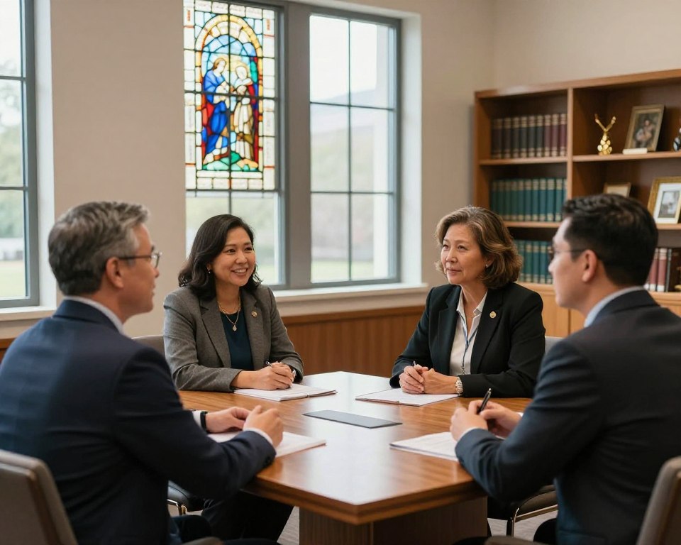 A harmonious scene depicting a meeting of PCA church leadership in an elegant, modern church setting. In the foreground, two men and two women, dressed in professional business attire, are engaged in a thoughtful discussion around a wooden conference table. They exude an atmosphere of warmth and collaboration, reflecting the spirit of community in the Presbyterian Church. In the middle ground, large windows let in soft, natural light, illuminating the space and revealing stained glass depicting biblical themes. The background features shelves filled with books and religious artifacts, adding depth and context to the setting. The overall mood is one of unity, purpose, and inspiration, inviting the viewer to feel connected to the leadership and mission of the PCA Church. The perspective is slightly elevated, capturing the entire dynamic interaction and environment.