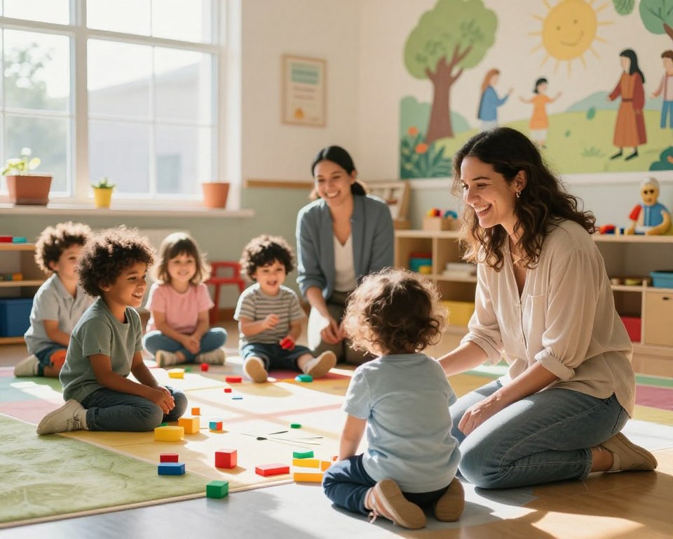 A heartwarming scene depicting a group of diverse families smiling and interacting in a Christian daycare setting. In the foreground, a joyful mother in a modest casual outfit kneels beside her child as they engage in a playful activity. The middle ground features a friendly teacher, wearing professional attire, guiding a group of children in a colorful classroom filled with educational toys and cheerful decorations. Soft sunlight pours in through large windows, casting a warm glow over the space. In the background, a comforting mural of biblical stories adds a spiritual touch. The atmosphere is filled with love, trust, and happiness, showcasing a nurturing environment where families feel welcome and supported. The image captures a moment of genuine connection and joy among families and caregivers, emphasizing the positive impact of the daycare.