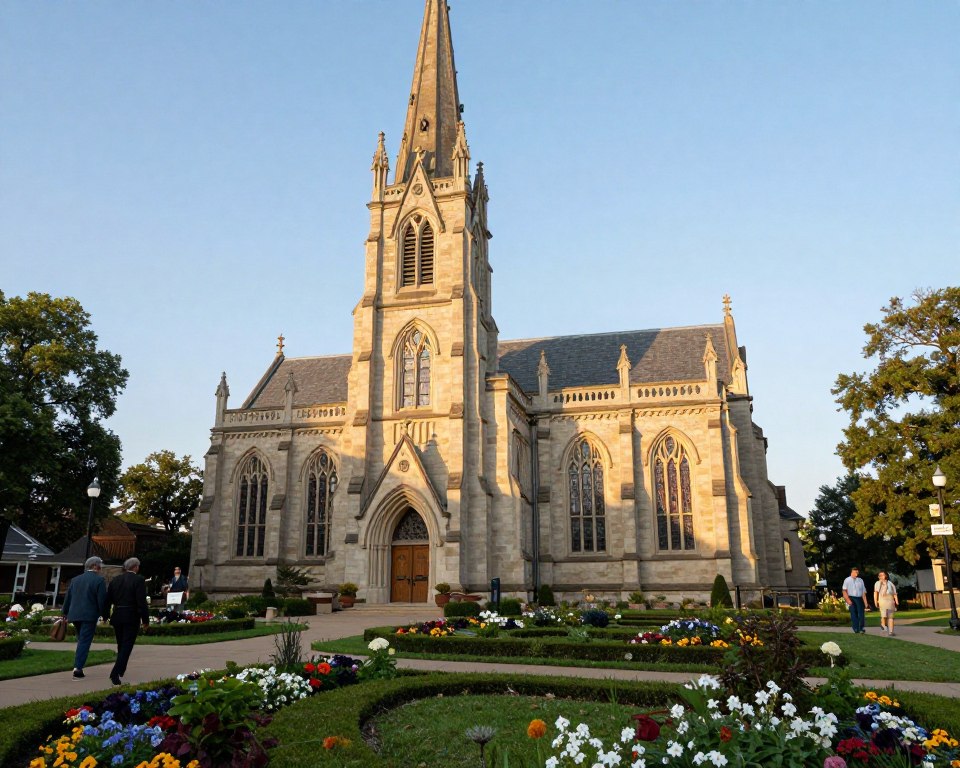 A historic Presbyterian church facility, showcasing its beautiful Gothic-style architecture with tall stained glass windows and an ornate steeple. In the foreground, well-manicured gardens filled with colorful flowers and neatly arranged pathways. The middle ground features the church's grand entrance, adorned with elegant wooden doors and a welcoming stone archway. Soft, warm afternoon sunlight bathes the scene, casting gentle shadows. In the background, a clear blue sky complements the church's majestic silhouette. A few individuals in modest professional attire casually walk past, adding life and a sense of community to the peaceful atmosphere. The overall mood is serene and inviting, highlighting the rich history and inclusive amenities of the church.