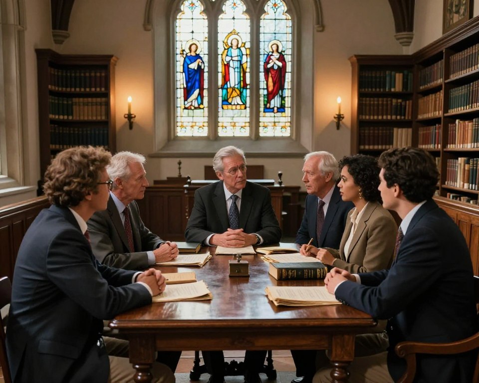 A historic scene depicting the origins of the Presbyterian denomination, featuring a diverse group of individuals engaged in thoughtful discussion in a quaint, traditional church setting. In the foreground, a group of six people in professional business attire and modest casual clothing, including men and women of various ethnicities, are gathered around an ornate wooden table filled with old documents and Bibles. The middle ground shows the interior of a beautifully lit church with stained glass windows, highlighting symbols of faith. In the background, tall bookshelves filled with historical texts create an atmosphere of scholarly exploration. Soft, warm candlelight combines with sunlight streaming through the windows, casting gentle shadows, evoking a sense of reverence and reflection. The overall mood is one of curiosity and respect for the rich history of the Presbyterian Church.