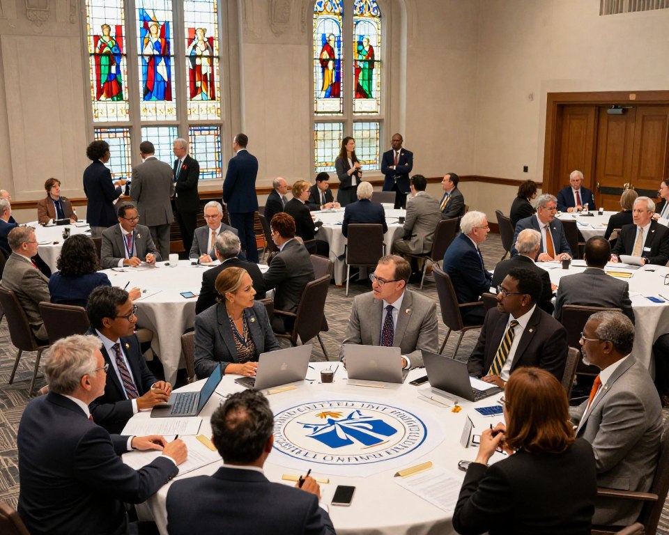 A large assembly hall filled with a diverse group of people dressed in professional business attire, engaged in lively discussions and collaborative decision-making, symbolizing the United Methodist Church General Conference. In the foreground, a circular table with open laptops, papers, and a large banner displaying the emblem of the United Methodist Church. The middle ground features clusters of attendees actively participating in brainstorming sessions, with a backdrop of stained-glass windows casting colorful light across the room. The atmosphere is focused and hopeful, suggesting a bright future for the church. The lighting is bright and warm, creating an inviting ambiance. The angle captures the vivid interactions, emphasizing unity and collaboration among church leaders.