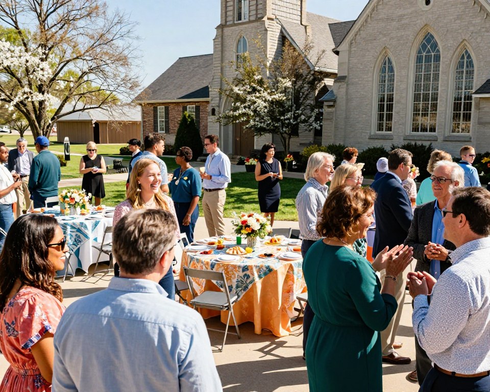 A lively scene showcasing a special event at Kerrville Presbyterian Church. In the foreground, a diverse group of attendees dressed in smart casual clothing engage enthusiastically, with smiling faces and warm gestures, as they mingle and connect. In the middle ground, a beautifully decorated outdoor space includes tables adorned with cheerful tablecloths and floral centerpieces, featuring a delightful spread of refreshments. In the background, the charming church building is visible, complemented by blooming trees and a clear blue sky, creating an inviting atmosphere. The lighting is bright and natural, enhancing the joyous mood of community and togetherness, shot from a slightly elevated angle to capture the event's vibrancy while ensuring a welcoming perspective.