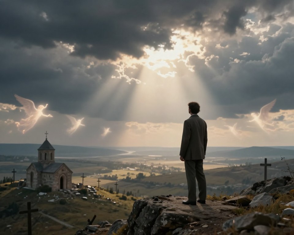 A majestic, apocalyptic landscape depicting eschatology, with a dramatic sky filled with turbulent clouds illuminated by rays of divine light breaking through. In the foreground, a solemn figure in modest, professional attire stands on a rocky outcrop, gazing towards a distant horizon, embodying contemplation and anticipation. The middle ground features a vast valley with crumbling churches and scattered crosses, symbolizing the trials of faith, while ethereal angels, softly glowing, hover in the background, witnessing the unfolding scene. The overall mood is one of solemn reflection and spiritual awakening, with a soft-focus lens effect enhancing the ethereal quality of the divine light. The atmosphere combines hope and foreboding, inviting viewers to ponder deep existential questions.