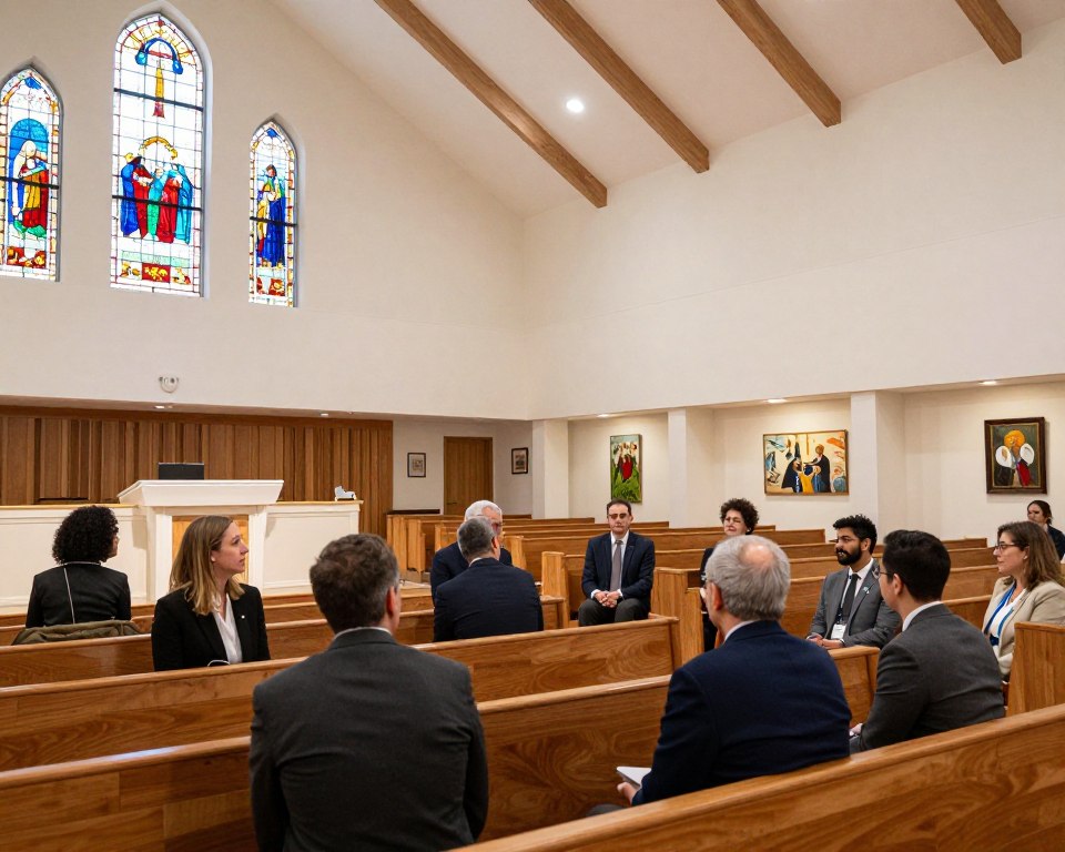 A modern Presbyterian church interior, featuring a spacious and contemporary design. In the foreground, a diverse group of people in professional business attire engages in an interactive discussion, showcasing a sense of community and collaboration. The middle section includes a large, well-lit sanctuary with stylish wooden pews, a modern pulpit, and vibrant stained glass windows that filter beautiful colored light into the room. In the background, contemporary religious artwork adorns the walls, highlighting elements of faith and spirituality. Soft, natural lighting creates a warm and inviting atmosphere, while the angle captures the depth of the space, emphasizing its openness and inclusivity. The overall mood is one of unity, diversity, and a progressive approach to faith in modern society.