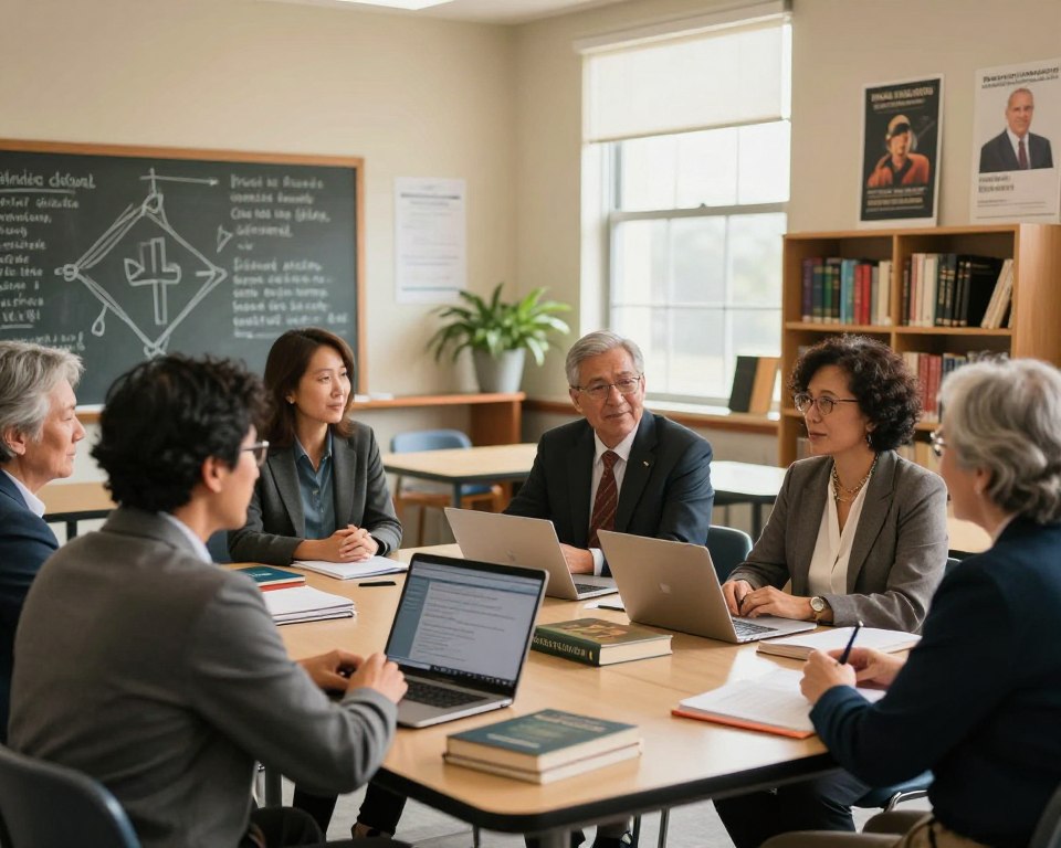 A peaceful and inviting classroom setting illustrating educational opportunities within the Presbyterian Church in America (PCA). In the foreground, a diverse group of adults in professional business attire are engaged in animated discussions around a table filled with books, laptops, and study materials reflecting PCA teachings. The middle ground features a chalkboard with diagrams and quotes related to the church’s principles and an open window letting in warm, natural light that enhances the welcoming atmosphere. The background showcases shelves lined with religious texts and inspirational posters depicting the PCA’s message. Soft, focused lighting creates a serene, encouraging environment conducive to learning, promoting a sense of community and growth. The overall mood is one of collaboration, enlightenment, and a strong sense of belonging.