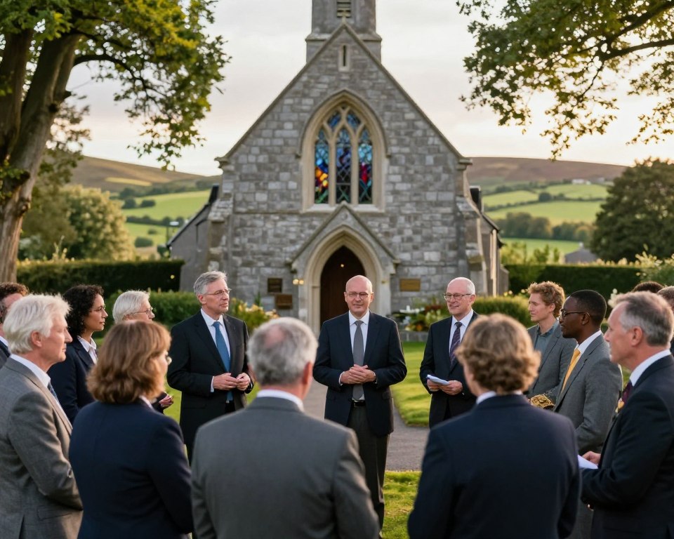 A peaceful scene depicting an interfaith gathering at a Presbyterian Church in Ireland, with a focus on community and cooperation. In the foreground, a diverse group of men and women of various ethnicities, dressed in professional business attire, engage in dialogue and share ideas. The middle section features the church's traditional architecture, showcasing stained glass windows and a welcoming entrance. In the background, lush greenery and rolling hills represent the serene Irish landscape. The lighting is warm and inviting, suggesting a late afternoon setting with soft golden sunlight filtering through the trees. The overall mood is one of harmony, unity, and respect for different faiths and traditions.