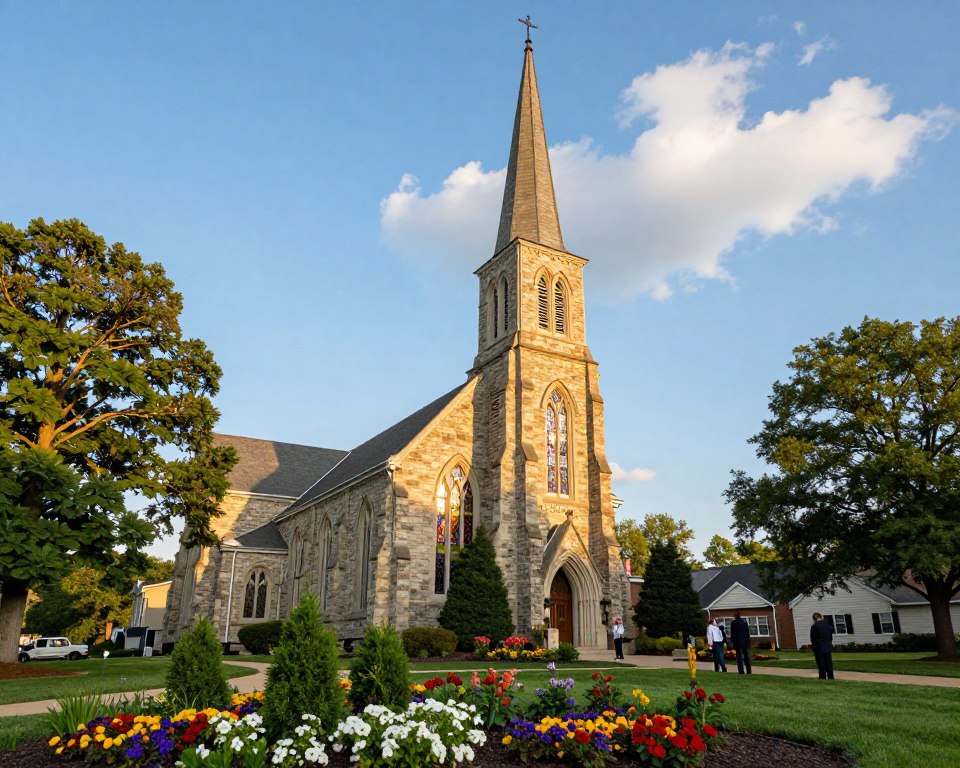 A picturesque view of Calvin Presbyterian Church in Zelienople, showcasing its beautiful facilities. In the foreground, well-maintained gardens with vibrant flowerbeds and gently swaying trees create a welcoming atmosphere. The middle ground features the church building itself, with its elegant stone facade, tall steeple reaching toward the sky, and large stained-glass windows reflecting the sunlight. In the background, a clear blue sky adds a serene touch, with soft white clouds drifting overhead. The lighting is warm and inviting, suggesting a sunny day. Include a few people in professional attire walking towards the entrance, symbolizing community engagement. The image should evoke a sense of peace, spirituality, and community, perfect for illustrating church facilities.