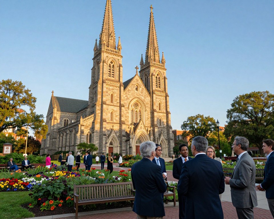 A picturesque view of a historic Presbyterian church in Philadelphia, showcasing its beautiful Gothic architecture with tall spires and intricate stonework. In the foreground, a small group of diverse individuals in professional business attire engage in conversation, symbolizing interfaith and ecumenical collaborations. In the middle ground, a well-maintained garden with colorful flowers and benches invites reflection and community gatherings. The background features a clear blue sky illuminated by soft, warm sunlight, casting gentle shadows. Capture the scene from a slightly elevated angle to highlight both the church and the people. The mood should be serene and inviting, reflecting a sense of unity and togetherness within the community.