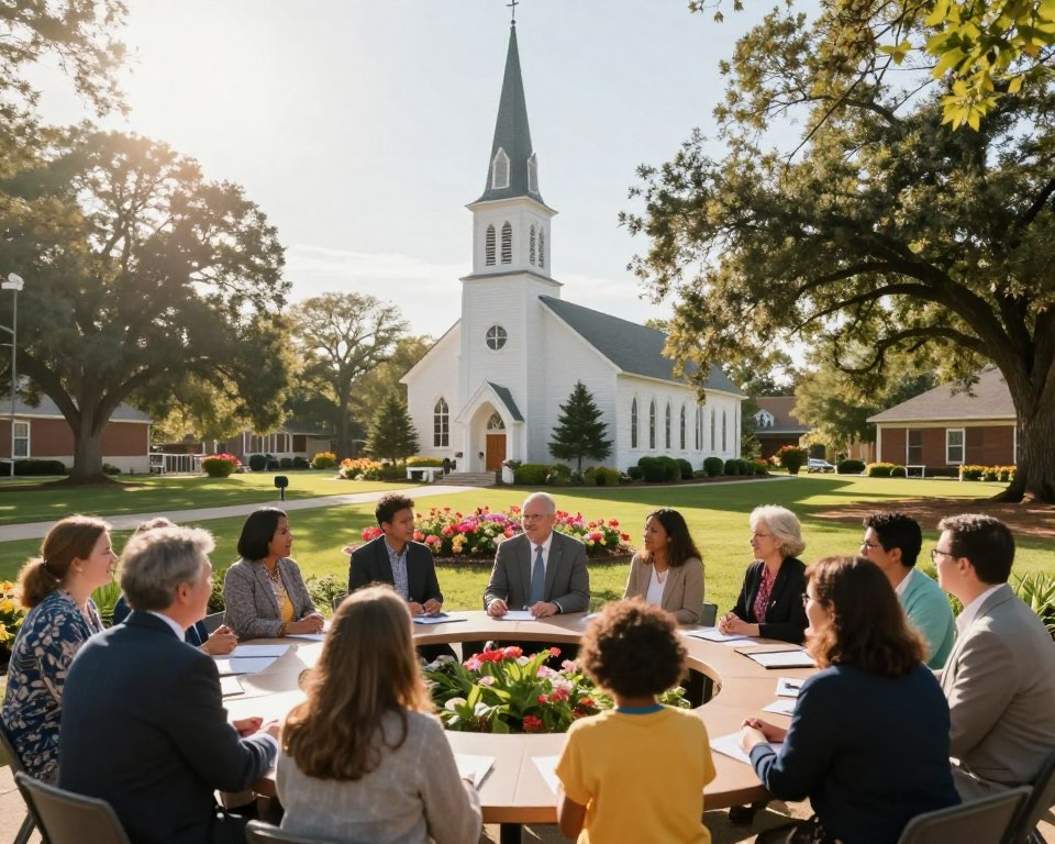 A picturesque view of the Presbyterian Church in Jacksonville, showcasing its stunning architecture. In the foreground, a diverse group of adults and children gathered in a well-lit educational space, engaging in meaningful discussions about faith and community. They are dressed in professional business attire and modest casual clothing, embodying a spirit of unity and growth. In the middle ground, the church’s iconic steeple rises proudly, surrounded by lush greenery and blooming flowers, representing a welcoming atmosphere. In the background, bright sunlight filters through trees, casting warm rays across the scene, creating a hopeful and inviting ambiance. Capture this moment from a slightly elevated angle, emphasizing the connection between the church, its people, and their commitment to spiritual education.