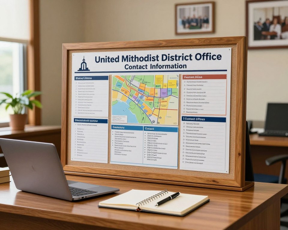 A professional and informative depiction of a United Methodist District Office contact information board. In the foreground, a neatly arranged wooden desk holds a sleek laptop, a stylish notepad, and a pen, symbolizing office work. In the middle, there’s a large, framed bulletin board filled with colorful notices, maps, and contact information for various district offices, showcasing a blend of church imagery and organizational details. The background is a softly lit office space with warm wooden tones, framed photographs of church events, and plants adding a touch of greenery. Natural lighting filters through a nearby window, creating a calm and inviting atmosphere. The overall mood is professional, organized, and community-oriented, suitable for a church-related setting. Aim for a balanced composition that focuses on the contact information aspect while remaining visually appealing.