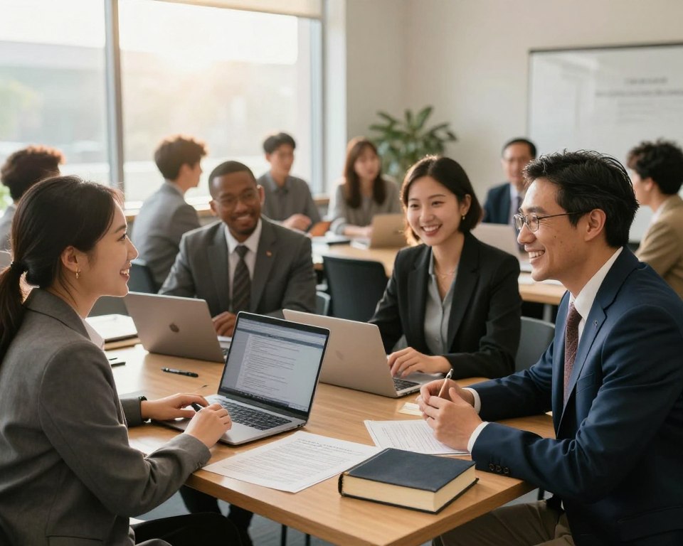 A professional and inviting scene depicting a diverse group of individuals engaged in various roles within the Presbyterian Church in America (PCA). In the foreground, show two smiling professionals in business attire discussing a community project, conveying teamwork and collaboration. In the middle, include a wooden table with open laptops, Bibles, and documents symbolizing planning and strategy. In the background, soft sunlight filters through large windows of a church office, illuminating a diverse group of people engaged in discussions and meetings, creating an atmosphere of warmth and purpose. The overall mood should evoke positivity, diversity, and a sense of mission, with balanced natural lighting enhancing the professional environment.