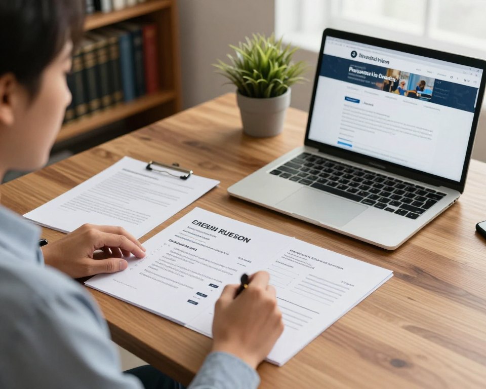 A professional and inviting workspace featuring a wooden desk with a neatly organized resume and cover letter, alongside a laptop displaying a job portal for Presbyterian Church in America job openings. In the foreground, a person dressed in business casual attire, attentively reviewing notes and preparing for a job application, reflects focus and determination. The middle layer shows a soft, natural light illuminating the scene, creating an atmosphere of warmth and professionalism. In the background, a bookshelf filled with theology books and a potted plant adds a touch of serenity and ambition, subtly framing the workspace. The angle is slightly elevated, capturing the essence of preparation and opportunity without any text or distractions.