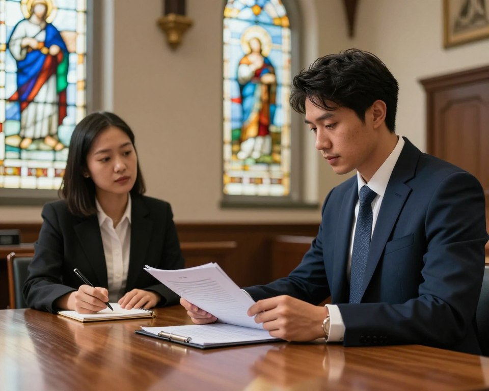 A professional job interview scene set inside a Presbyterian church office. In the foreground, a well-dressed male applicant, wearing a crisp suit and tie, is sitting at a polished wooden table, reviewing a portfolio with a focused expression. In the middle ground, a female interviewer in smart business attire sits across from him, looking engaged and taking notes. The background features stained glass windows casting colorful light onto the scene, with hints of religious symbols subtly integrated. Soft ambient lighting creates a warm, inviting atmosphere, while a slightly low-angle perspective emphasizes the professionalism of the setting. The overall mood is one of preparation, hopefulness, and the gravitas of a sacred space dedicated to service and community.