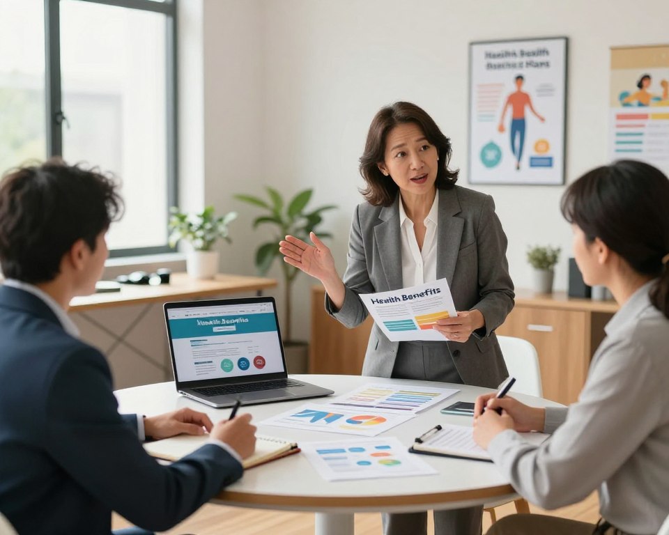 A professional, modern office setting, focusing on a diverse group of individuals discussing health benefits plans. In the foreground, a middle-aged woman in business attire gestures animatedly while presenting a colorful brochure about health benefits. Beside her, a young man in a tailored suit takes notes on a tablet. In the middle ground, a round table filled with charts, health plan documents, and a laptop showing a health benefits website. The background features a soft-focus view of a well-lit office with motivational posters about health and wellness. Natural light streams through a large window, creating a warm and inviting atmosphere. The overall mood conveys collaboration, professionalism, and clarity in understanding health benefits.